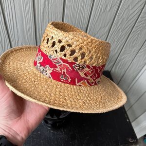 Vintage Woven Straw Hat Small USA Made Red Band Western Boho Summer CHCO WPL